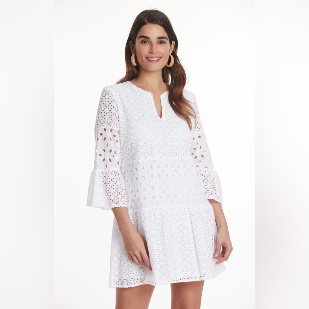 Tyler Böe Ingrid White Eyelet Dress Bell Sleeve Cotton Boho Babydoll Size S